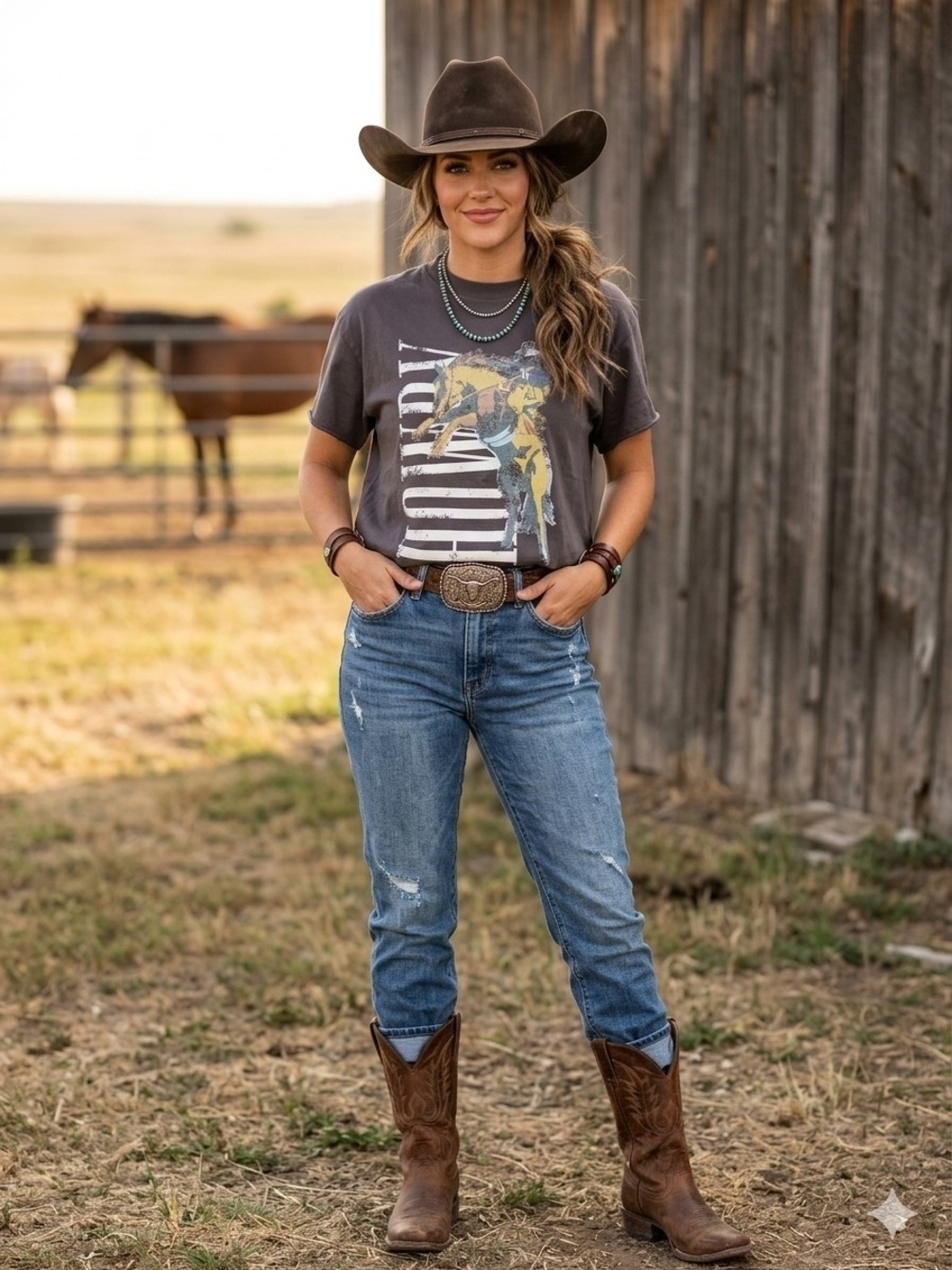 Women's Short-Sleeve Graphic Tee in Charcoal with Western Rodeo Print